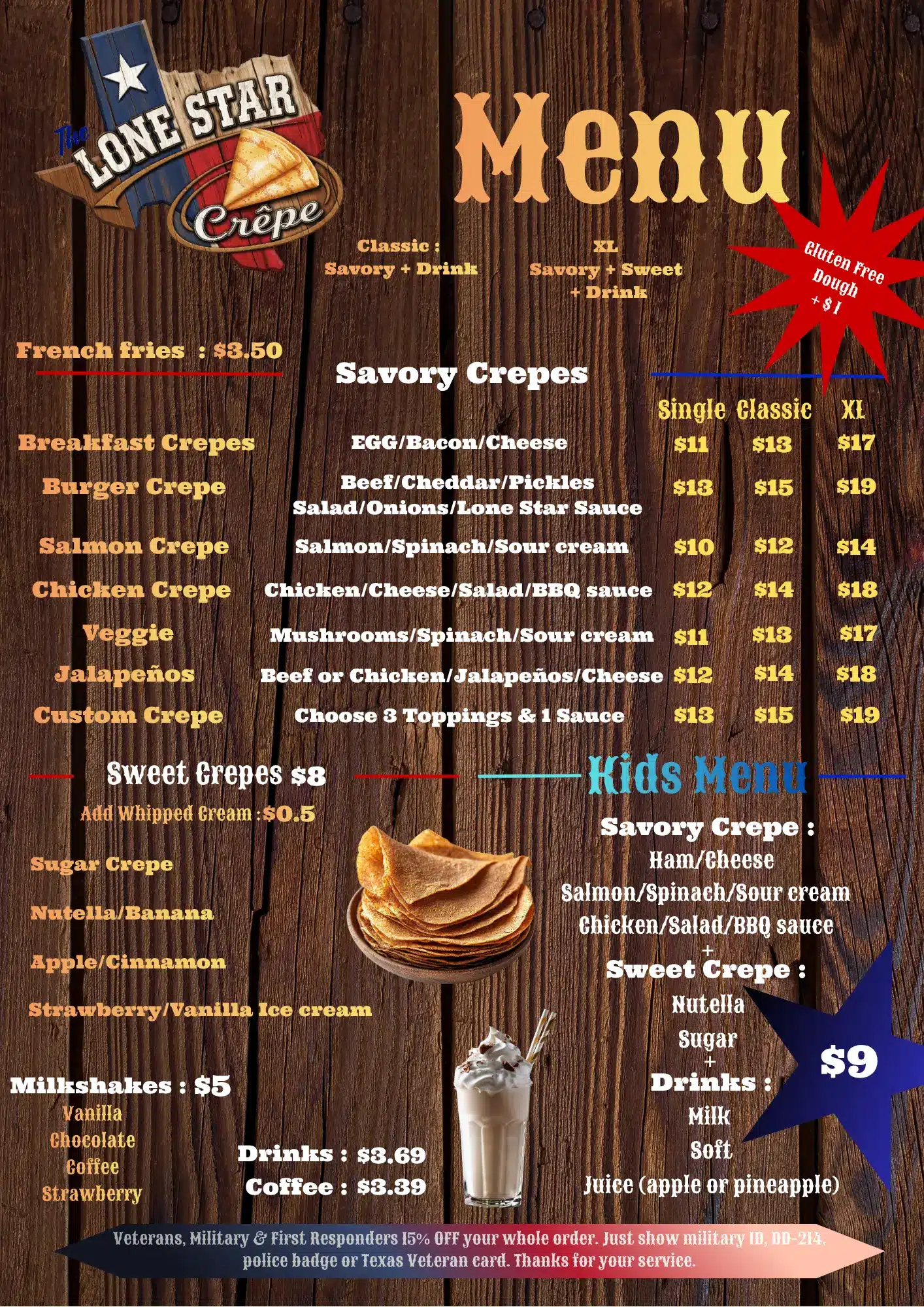 The lone star Crepe full menu savory sweet crepes kids menu milkshakes prices Fort Worth