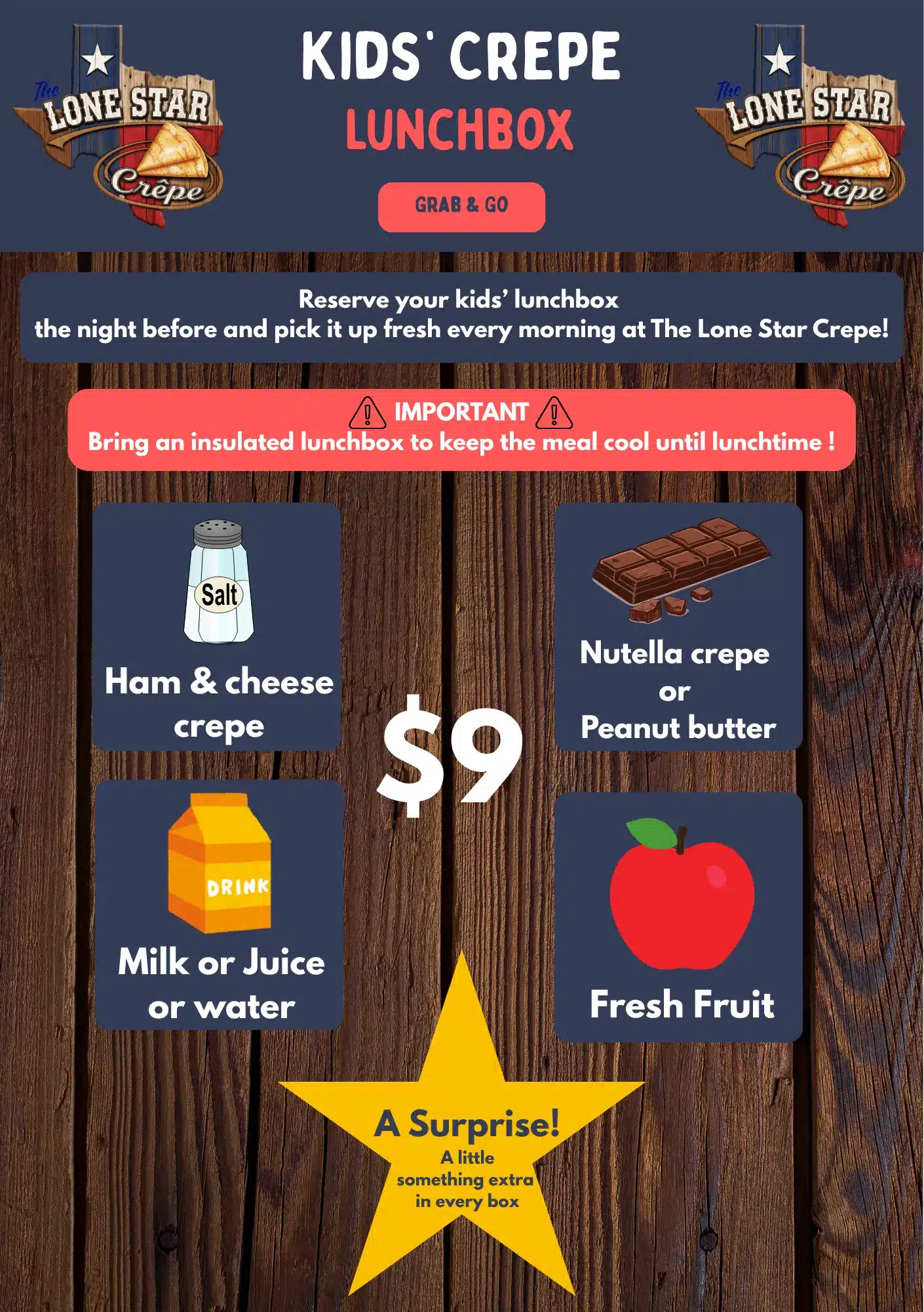 Kids Crepe Lunchbox Grab and Go 9 dollars The Lone Star Crepe Fort Worth